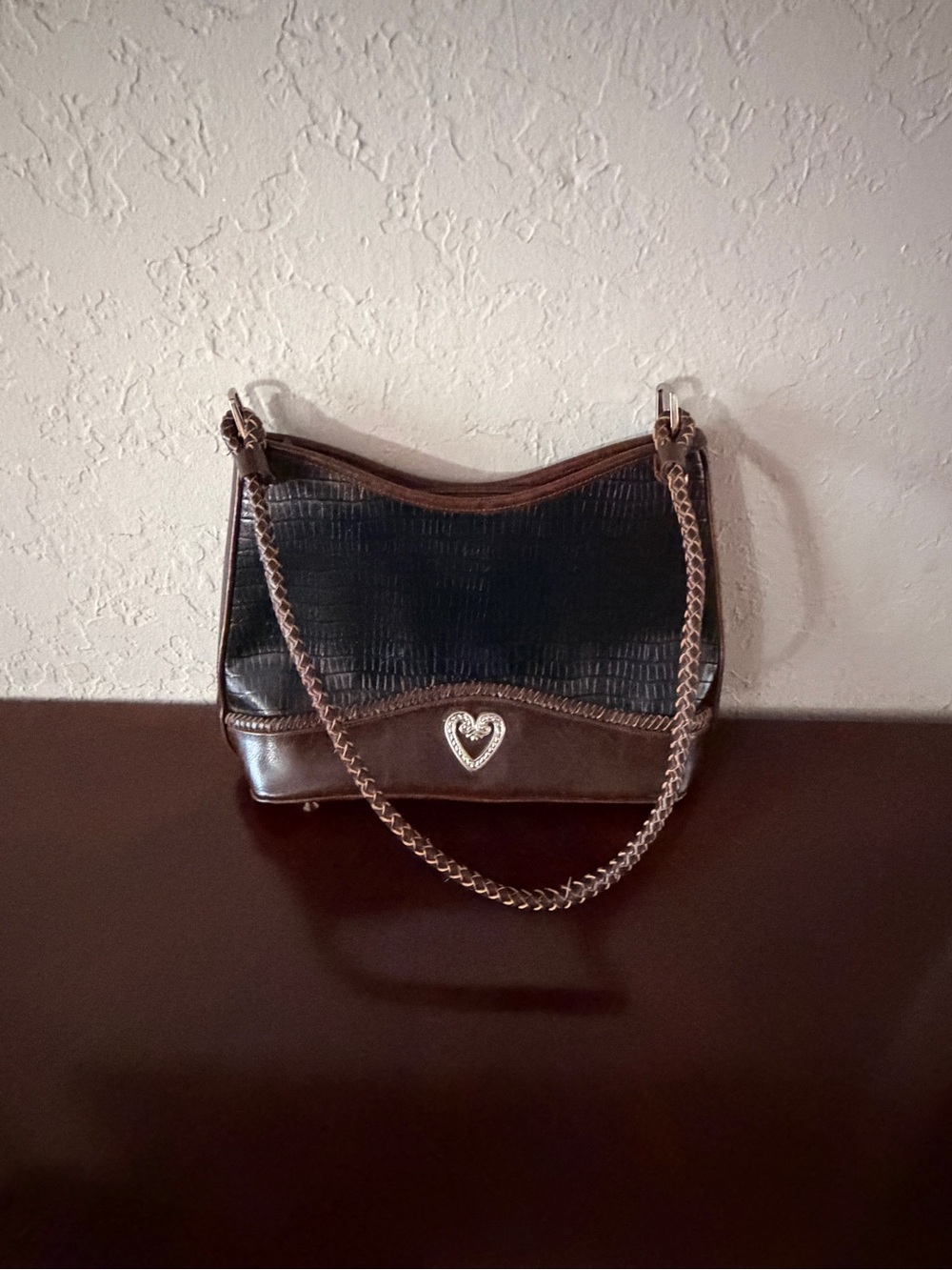 Vintage Black Brown Croc Embossed Leather Shoulder Bag Silver Heart Y2K